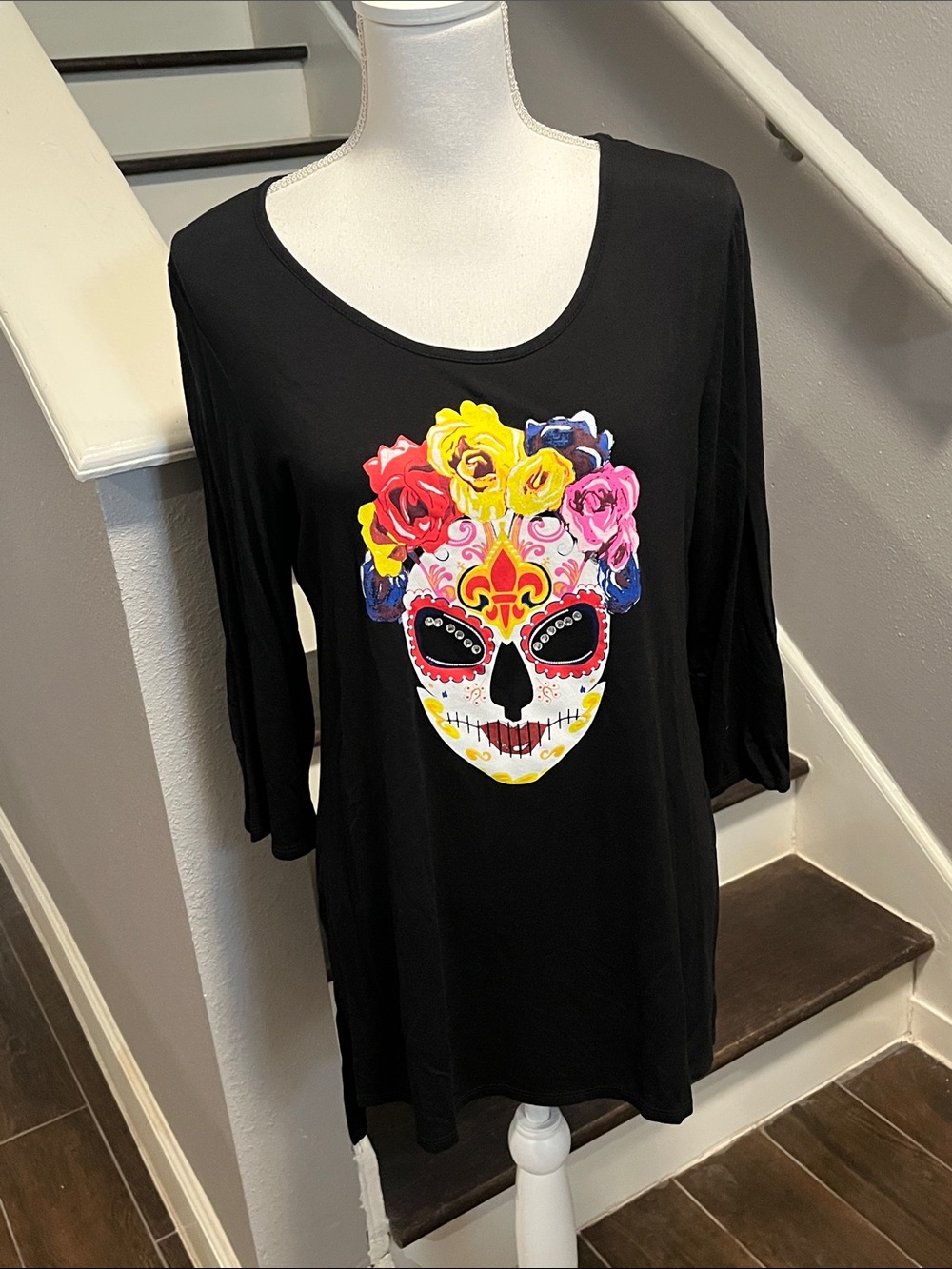 Antthony Black Long-Sleeve Tunic Colorful Sugar Skull Graphic with Rhinestones